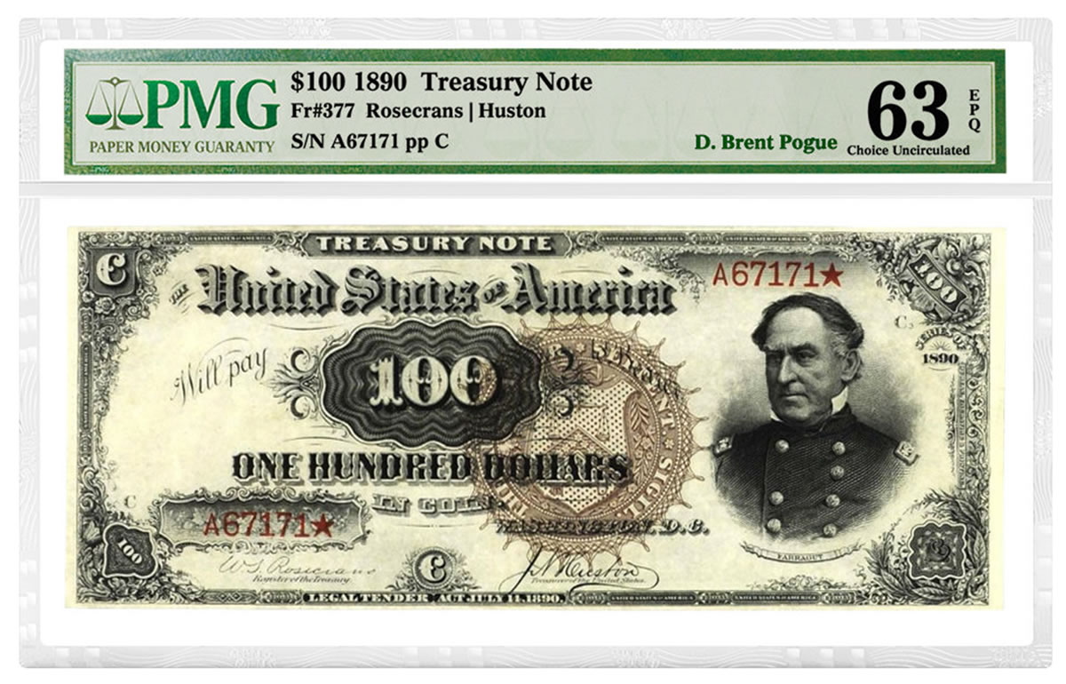 1890-Watermelon-100-Treasury-Note-Fr.-377-is-graded-PMG-63-Choice-Uncirculated-EPQ