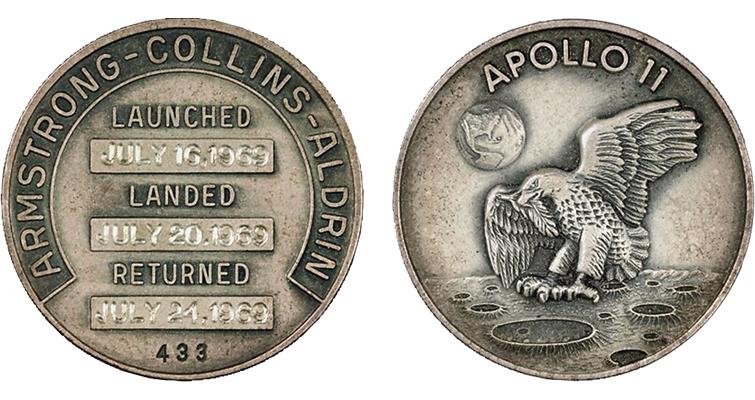 Aldrin’s Apollo 11 flown .925 fine silver Robbins medal is numbered 433 and brought $52,920.