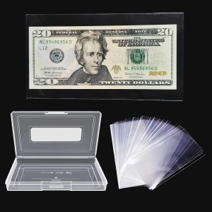 About this item Package includes: 200 pieces Currency holder and 2 piece storage box. Material: Clear paper money sleeves made of PP material, PVC and ACID free, effectively protect your currency. Size: Transparent bag 6-1/2 x 3-1/2 (16.5x9cm),fit most banknotes, bill or stamp etc. Clear case 6.9x3.9inch(17.4x10cm). Multiple Uses: paper money holder suitable for collecting banknotes, bills, tickets . Professional currency and coin collection supplier by MUDOR.
